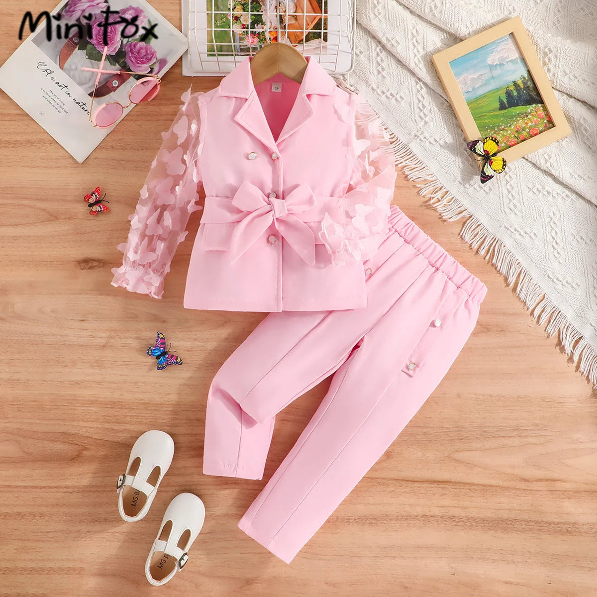 Kids Clothes Girls Blazer Outfit Sets Butterfly Sleeve Blazer Top and Beading Pants and Summer Suit