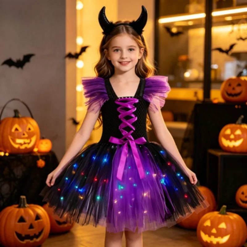 Purple Tulle Witch Puffy Dress with LED Lights for Kids, Gir
