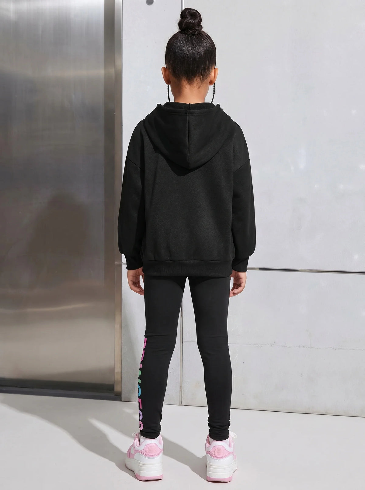 Girls Letter Print Long Sleeve Hoodie with Skinny Pants Set