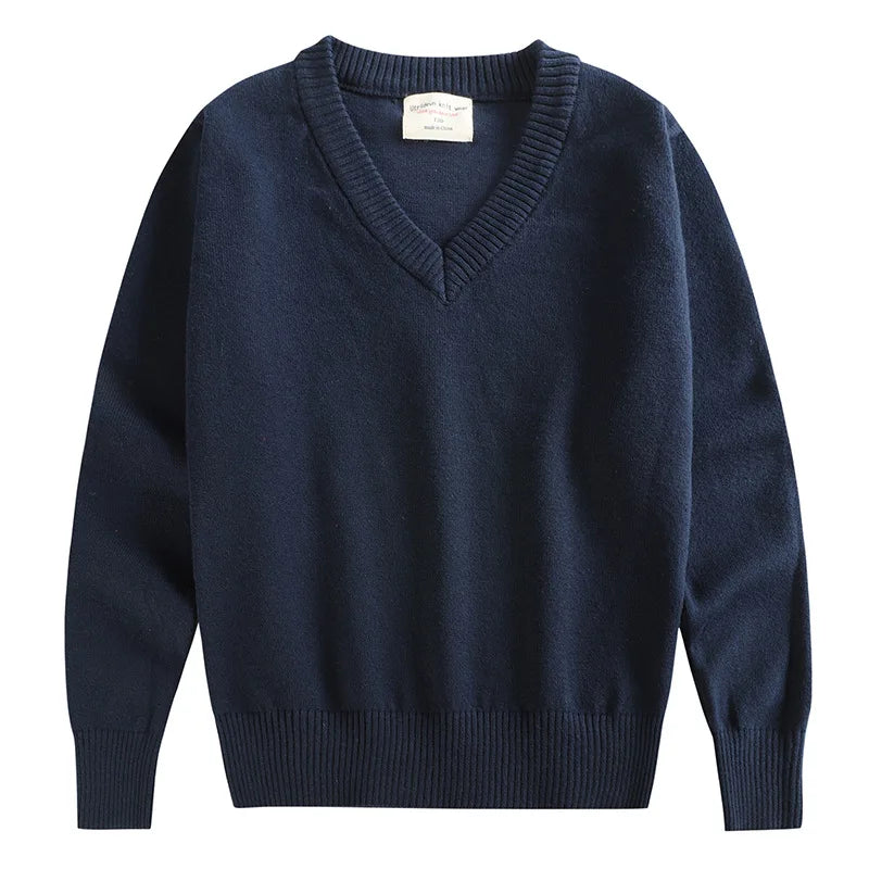Children V-neck Solid Knit Sweater Boys Girls Warm Long Slee