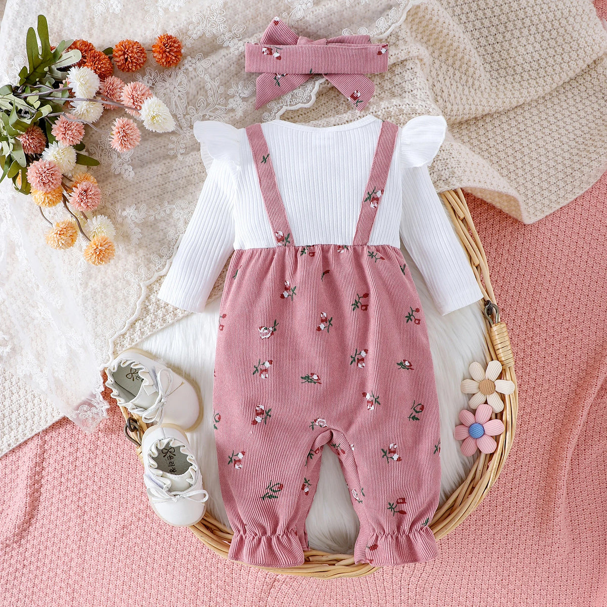 Floral Long Sleeve Baby Romper with Bow Headband
