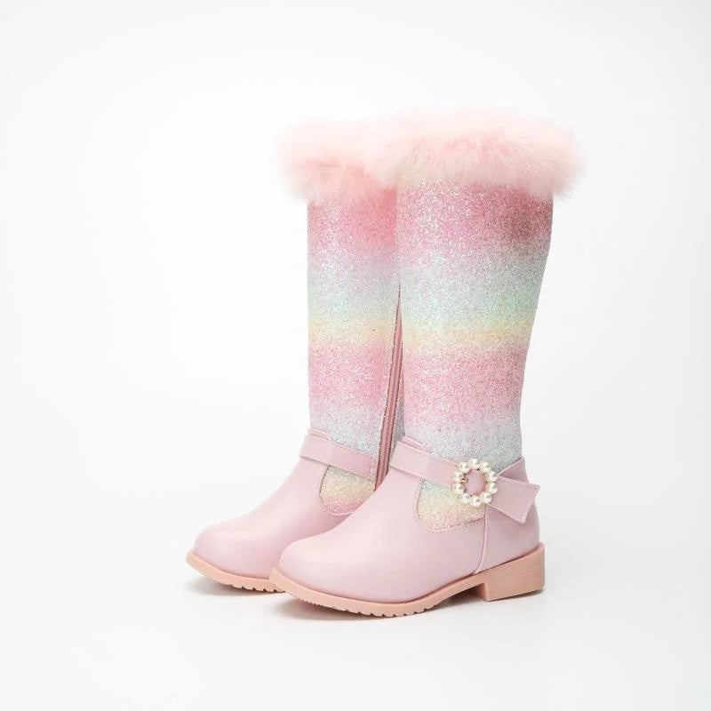 2023 Autumn Winter Girls Rainbow Princess Children Pink Boot