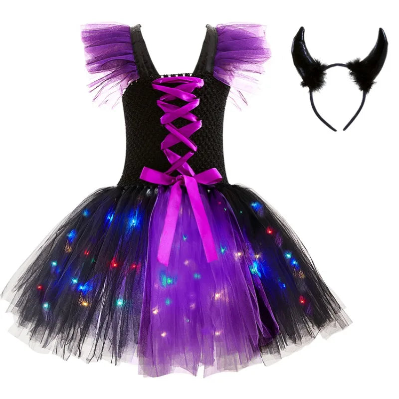 Purple Tulle Witch Puffy Dress with LED Lights for Kids, Gir