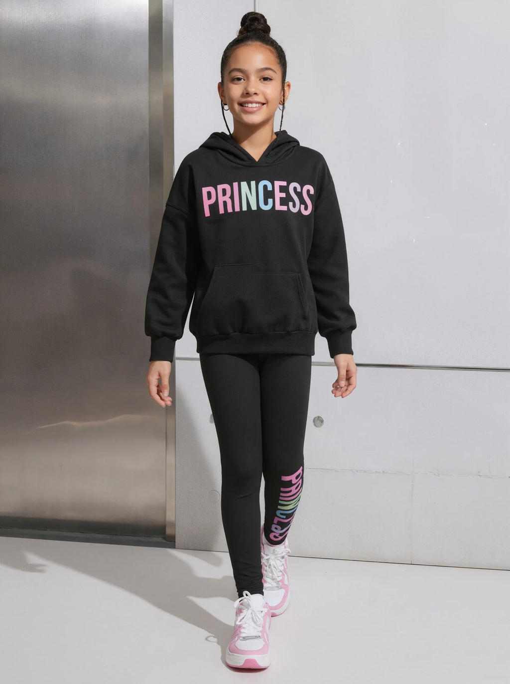 Girls Letter Print Long Sleeve Hoodie with Skinny Pants Set