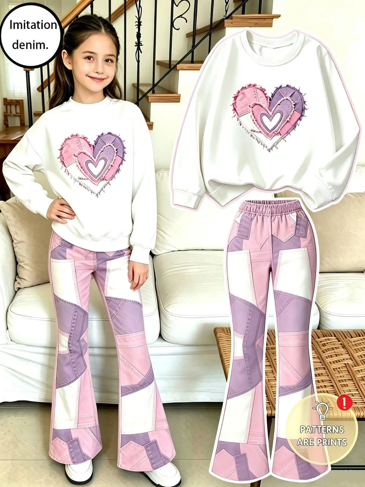 Girls' Autumn Outfit Set: Girls' Heart Print Round Neck Swea