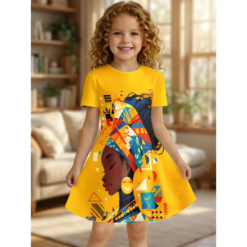 Girl's African Art Printed T-shirt Dress, Yellow Ethnic Styl
