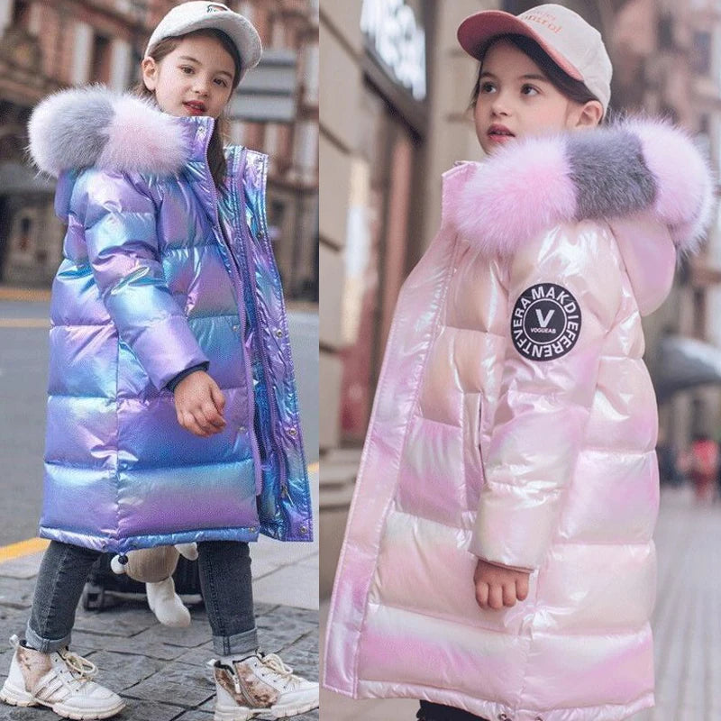 5-14 Years Old Winter Boys Girls Jacket Long Style Hooded Fu