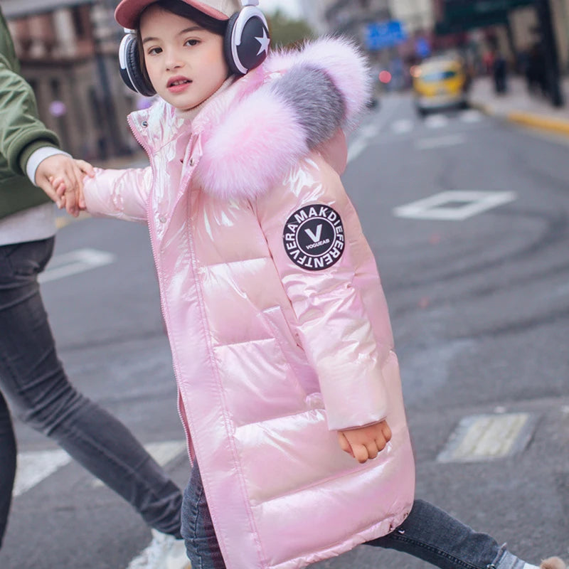 5-14 Years Old Winter Boys Girls Jacket Long Style Hooded Fu