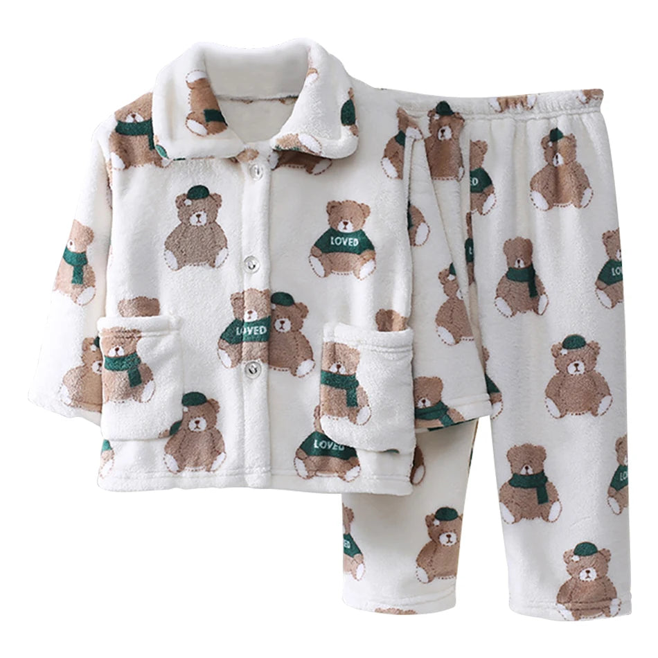 Cute Cartoon Pattern Coral Fleece Flannel Pajama Sets for Bo