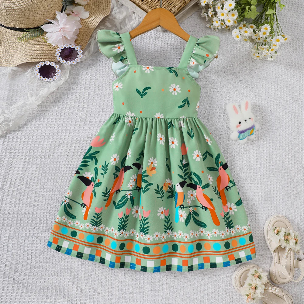 Girls' Summer Plant Print Dress with Flutter Sleeves