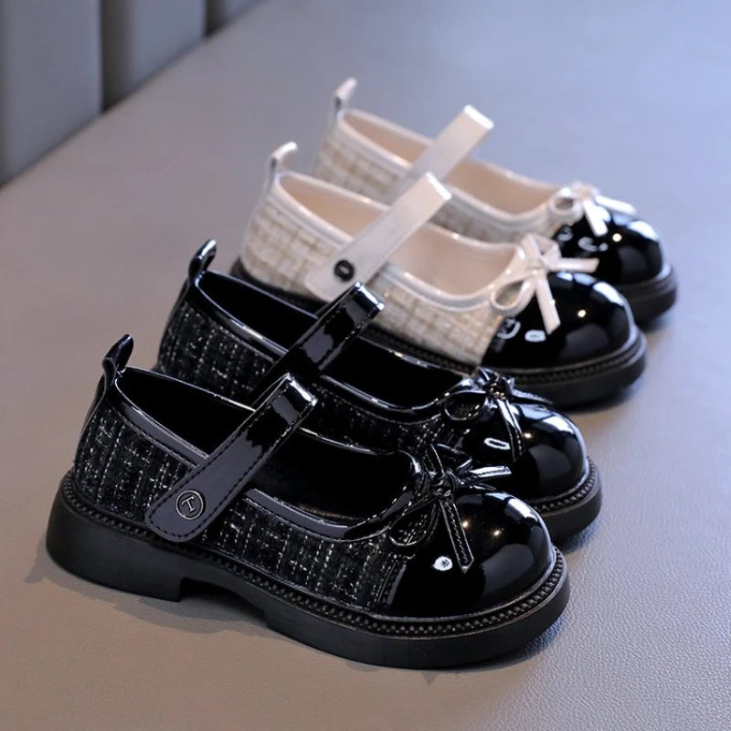 Spring Autumn Children's Leather Shoes with Bowknot Versatil