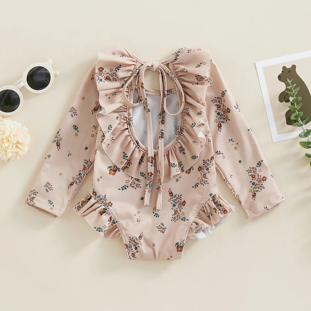 Kids Baby Girl Summer Swimwear Floral Print Backless Ruffles