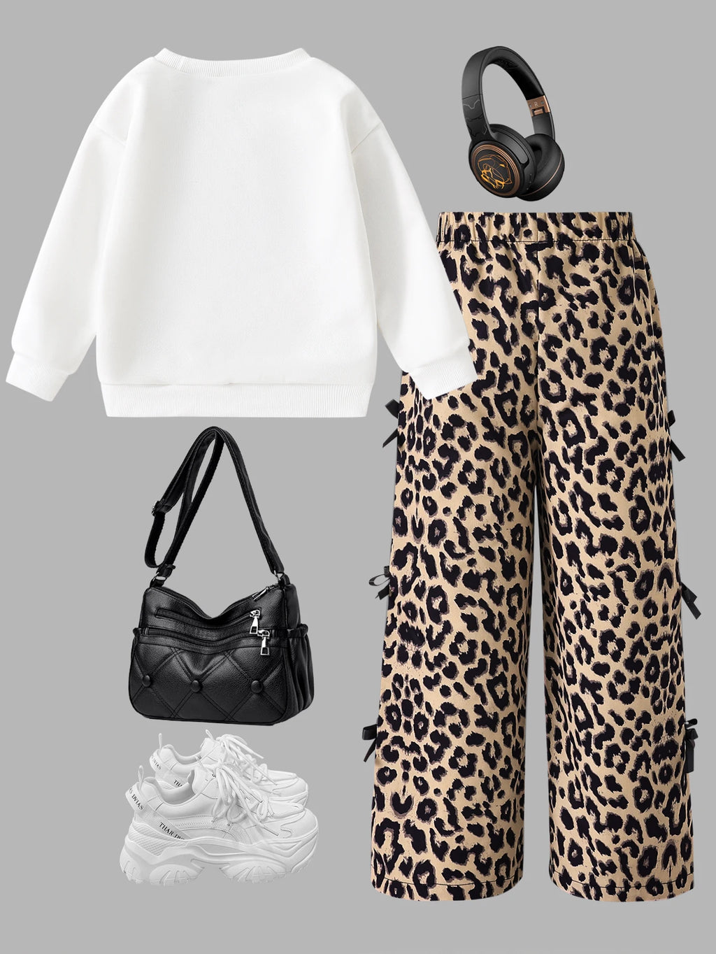 Girls 2PCS Leopard Print Outfit Set for 4-8Y, Long Sleeve Sw