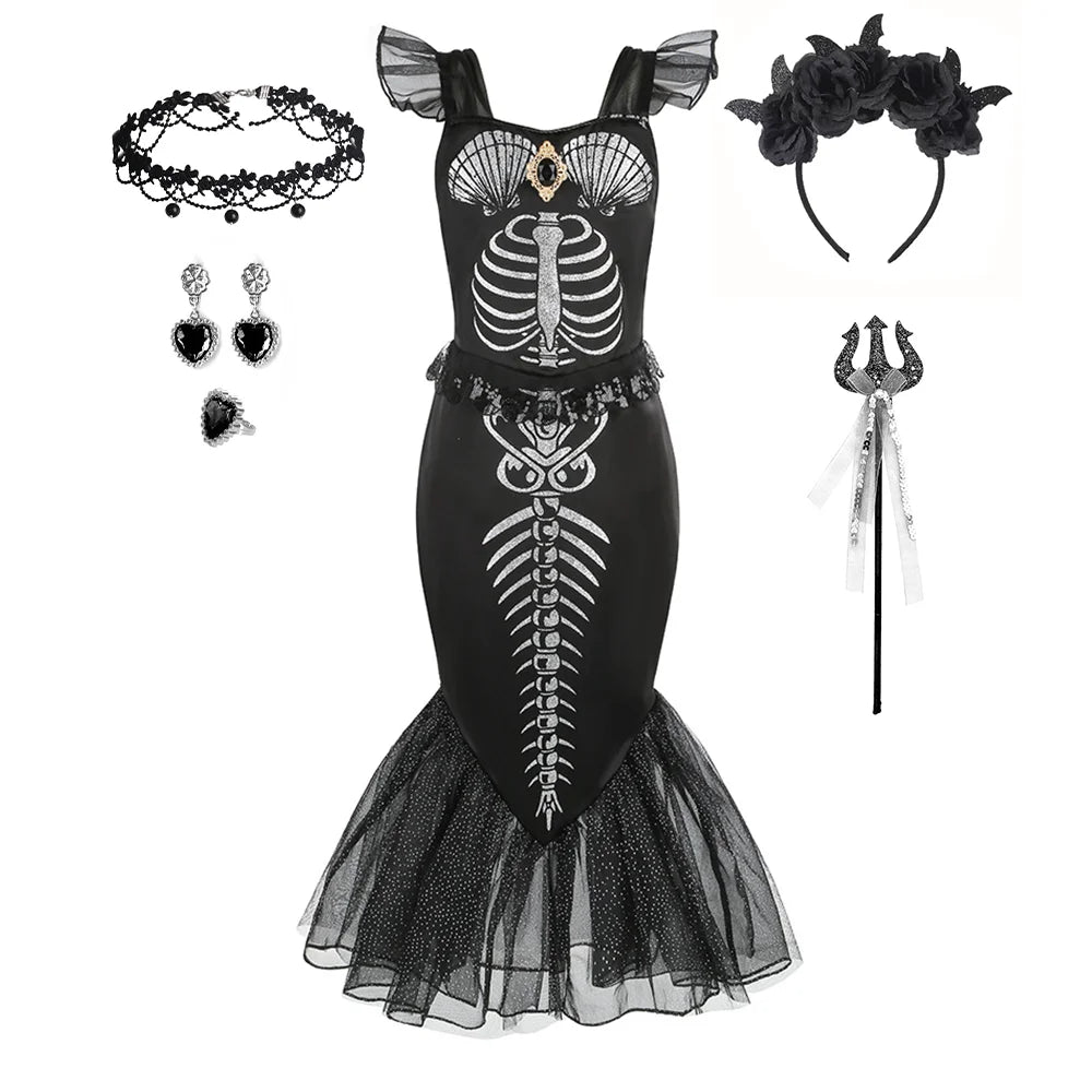 Gothic Mermaid Skeleton Dress – Ages 2–10