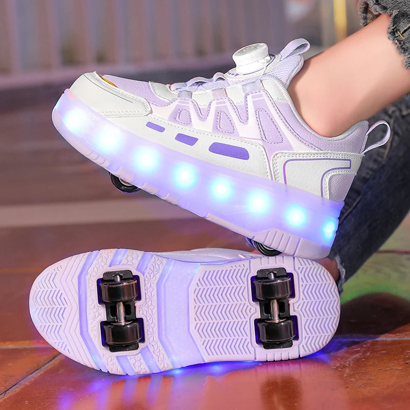 Children Four Wheels Luminous Glowing Sneakers Black Pink Le