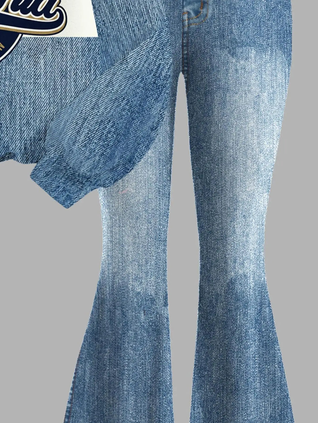 Girls' Autumn Casual Outfit: Faux Denim Patchwork Printed Sw