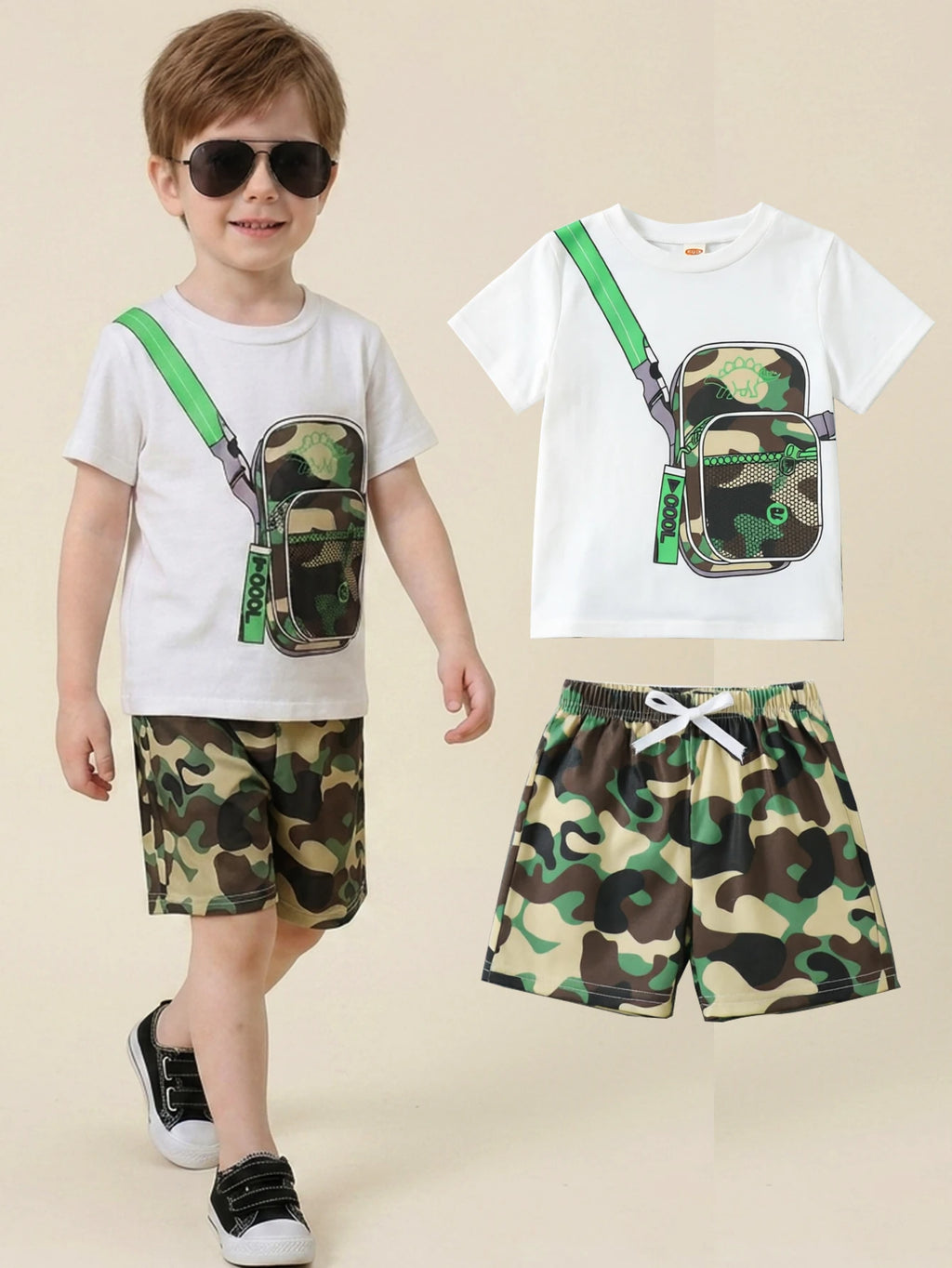 Boys Summer Clothing Set 2Pcs Breathable Fake Bag Print Shor