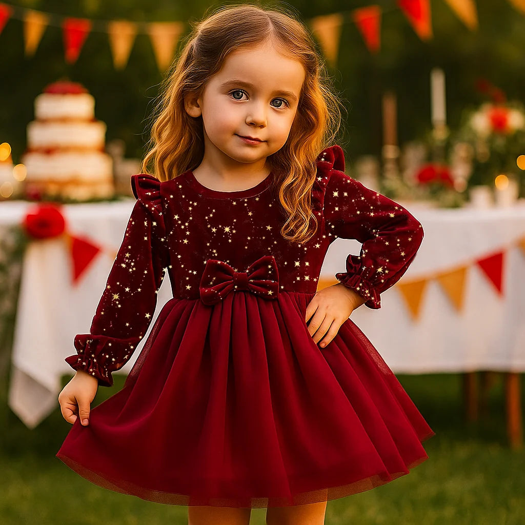 Girl Dress Autumn Winter Velvet Long Sleeved Mesh Bow Prince