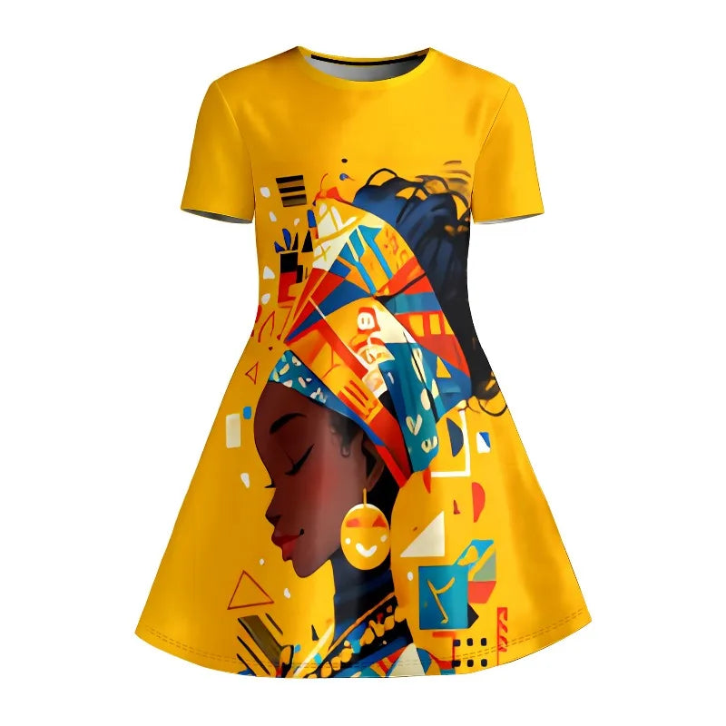 Girl's African Art Printed T-shirt Dress, Yellow Ethnic Styl