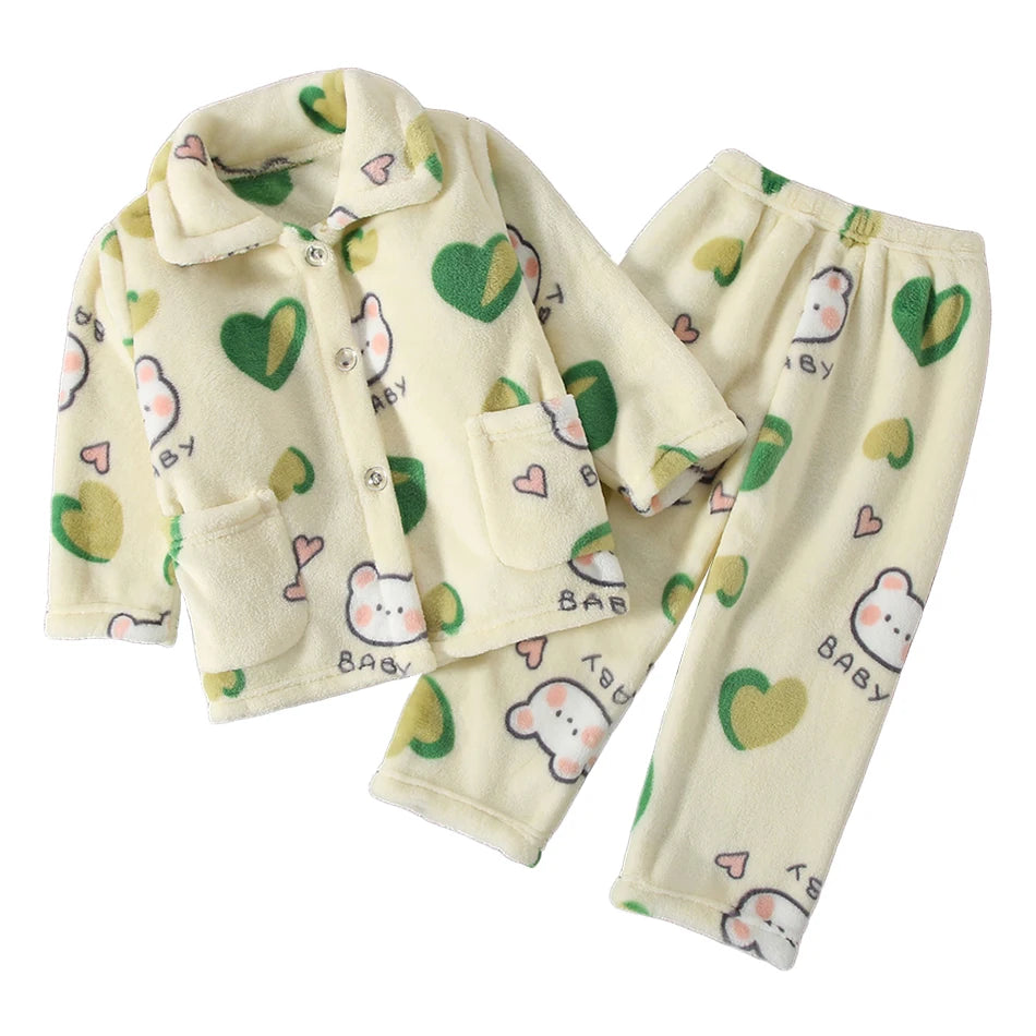 Cute Cartoon Pattern Coral Fleece Flannel Pajama Sets for Bo