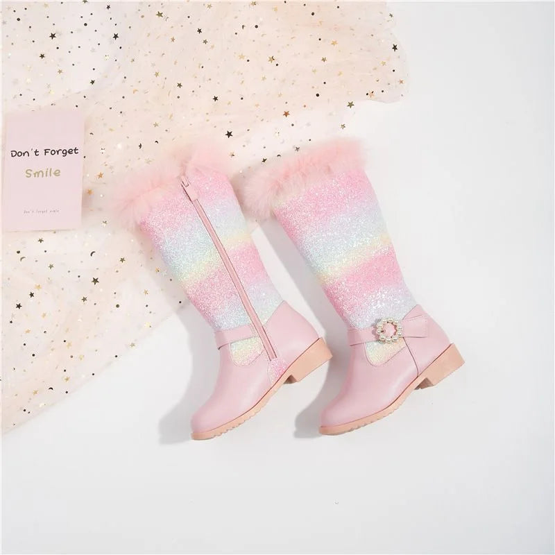 2023 Autumn Winter Girls Rainbow Princess Children Pink Boot