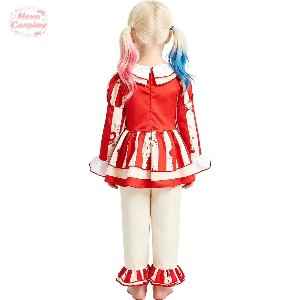 Kids Red White Striped Horror Clown Suit Halloween Cosplay C