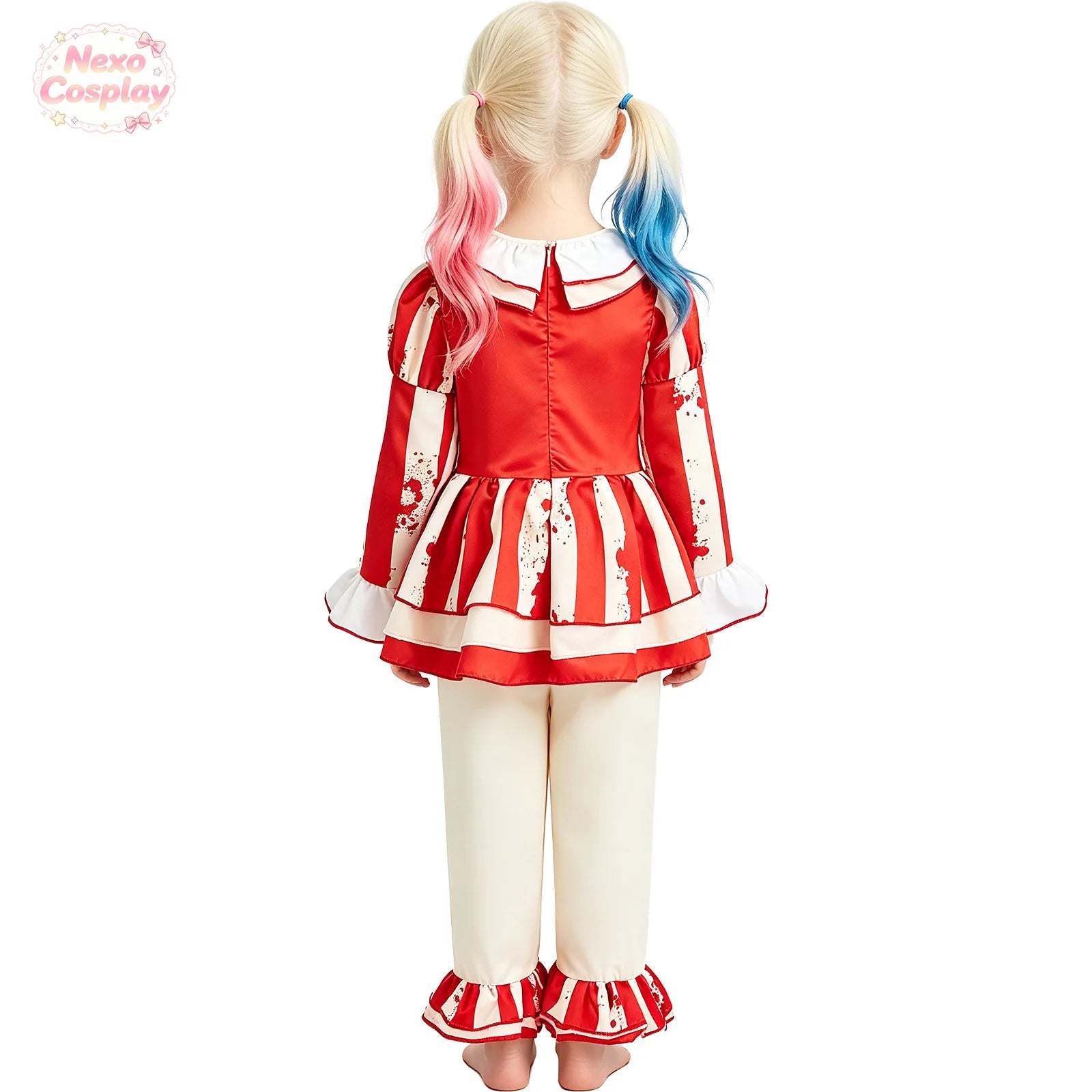 Kids Red White Striped Horror Clown Suit Halloween Cosplay C