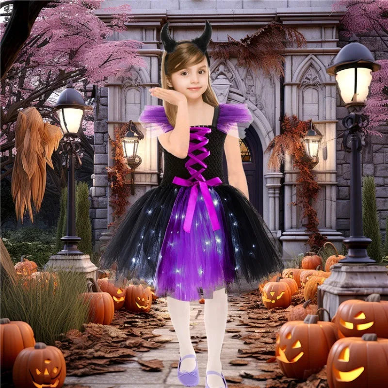 Purple Tulle Witch Puffy Dress with LED Lights for Kids, Gir
