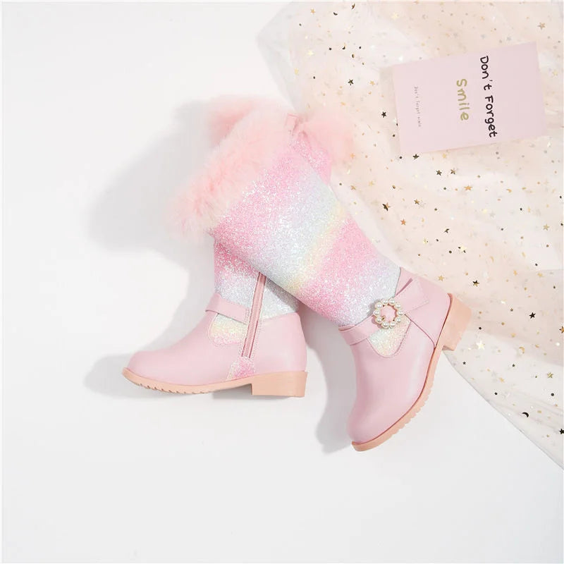 2023 Autumn Winter Girls Rainbow Princess Children Pink Boot