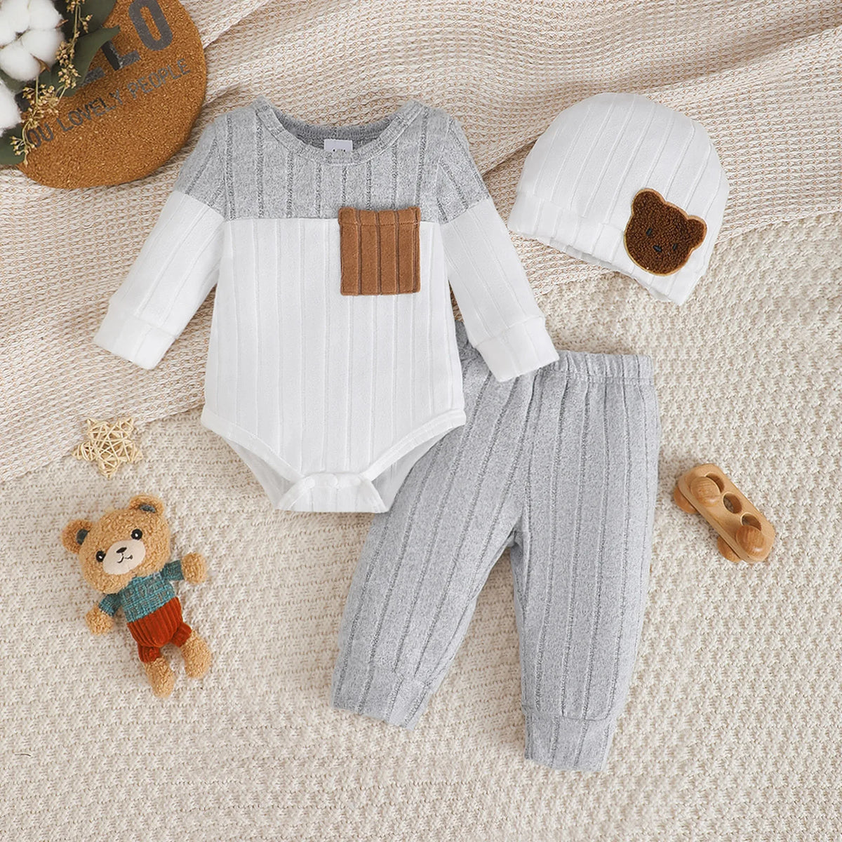 3Pcs/Set of Newborn Baby Boy Color Blocked Long Sleeved Body