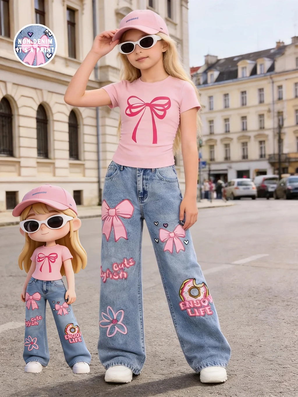 Girls' Y2K Style 2-Piece Set: Pink Bow-Print Slim-Fit Croppe