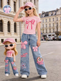 Girls' Y2K Style 2-Piece Set: Pink Bow-Print Slim-Fit Croppe