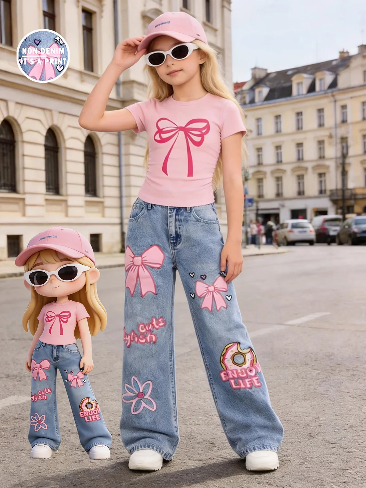 Girls' Y2K Style 2-Piece Set: Pink Bow-Print Slim-Fit Croppe