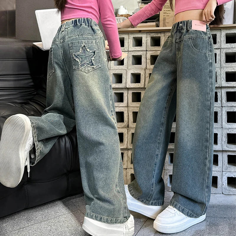 5-14 Years Spring Autumn Girls Jeans Retro And Vintage Five-