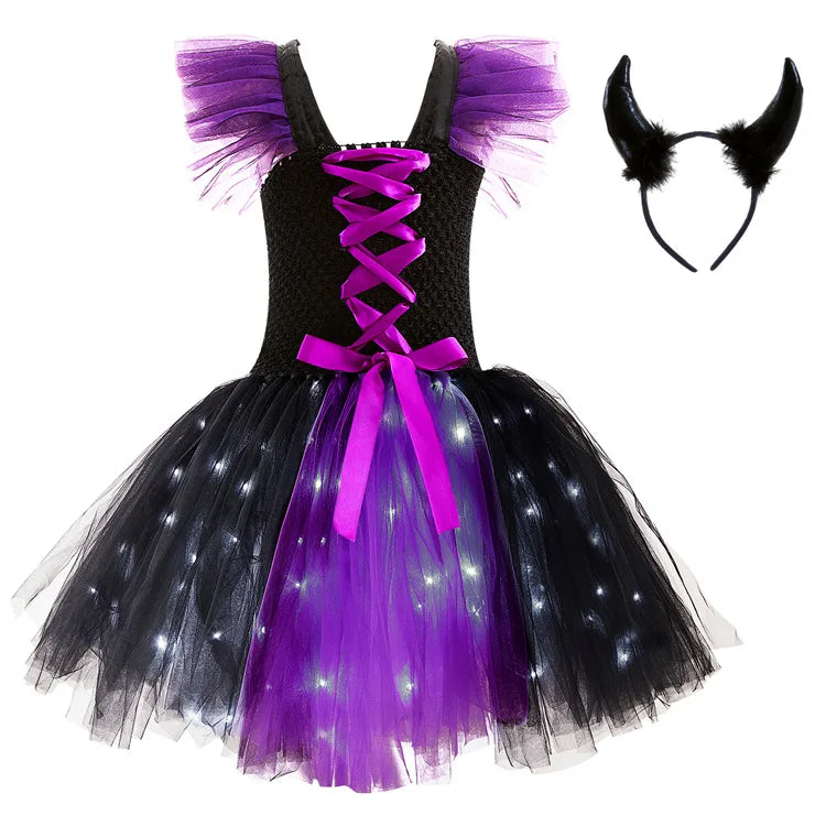 Purple Tulle Witch Puffy Dress with LED Lights for Kids, Gir