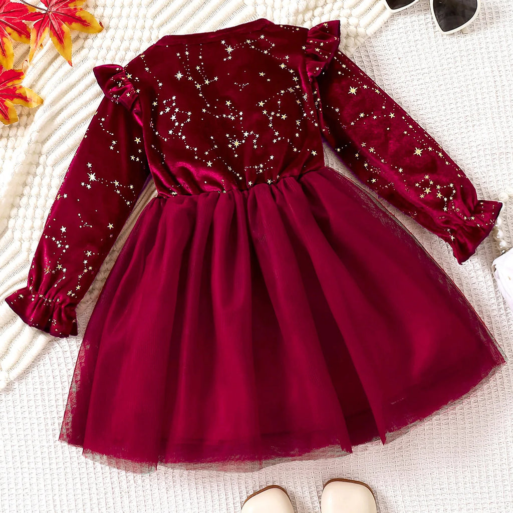 Girl Dress Autumn Winter Velvet Long Sleeved Mesh Bow Prince