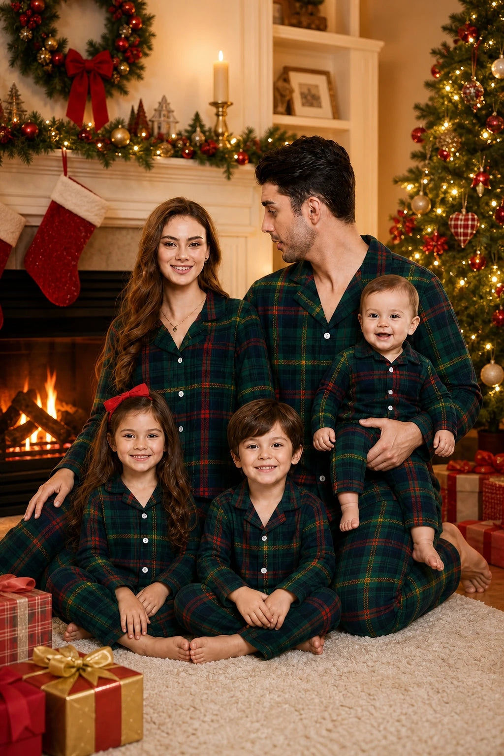 Xmas Party Look Wear Family Matching Cotton Pajamas Set Gree