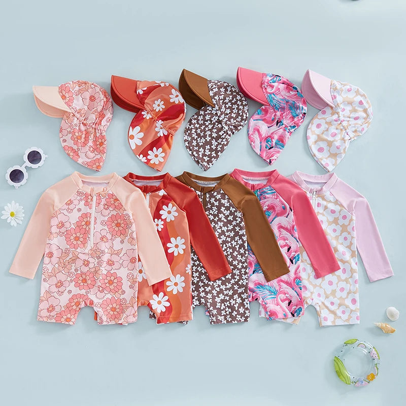 Tregren Toddler Girl Long Sleeve Swimsuit Floral/Flamingo Pr