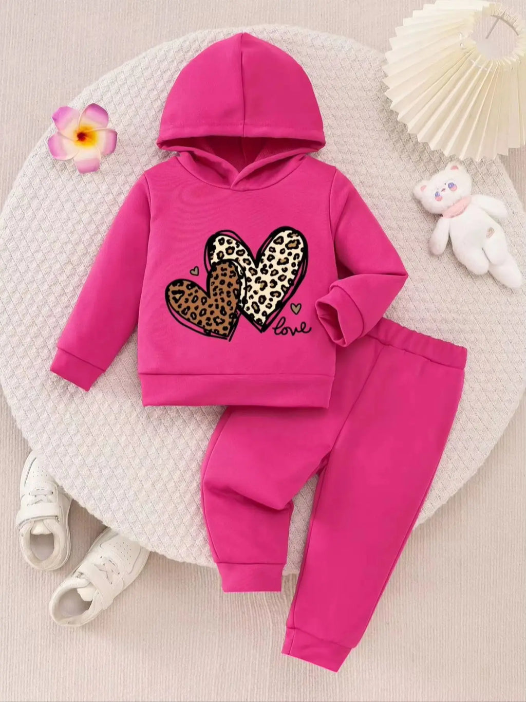 2pcs Spring Fall Baby Girls Outfit Set, Pink Leopard Heart P