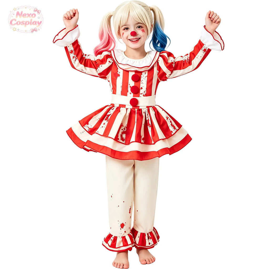 Kids Red White Striped Horror Clown Suit Halloween Cosplay C