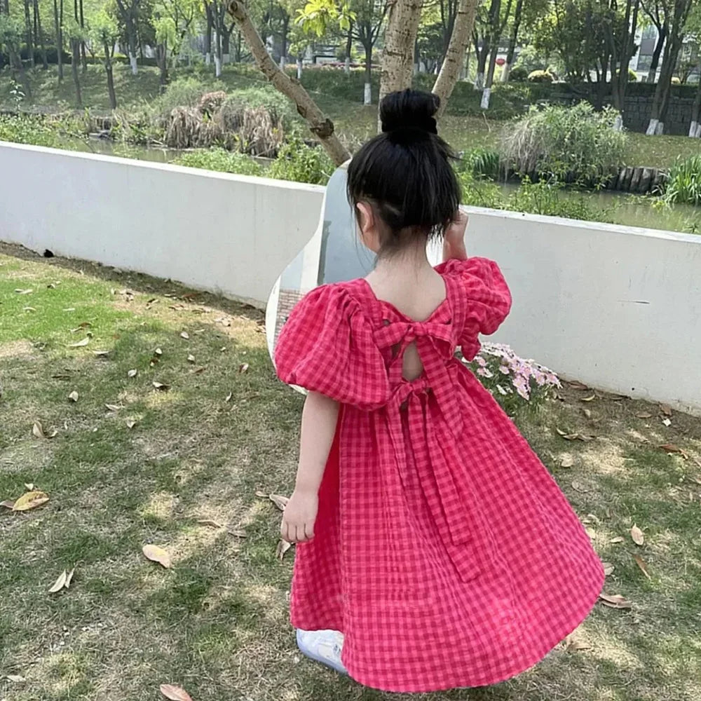 Rose Pink Plaid Bow Party Dress