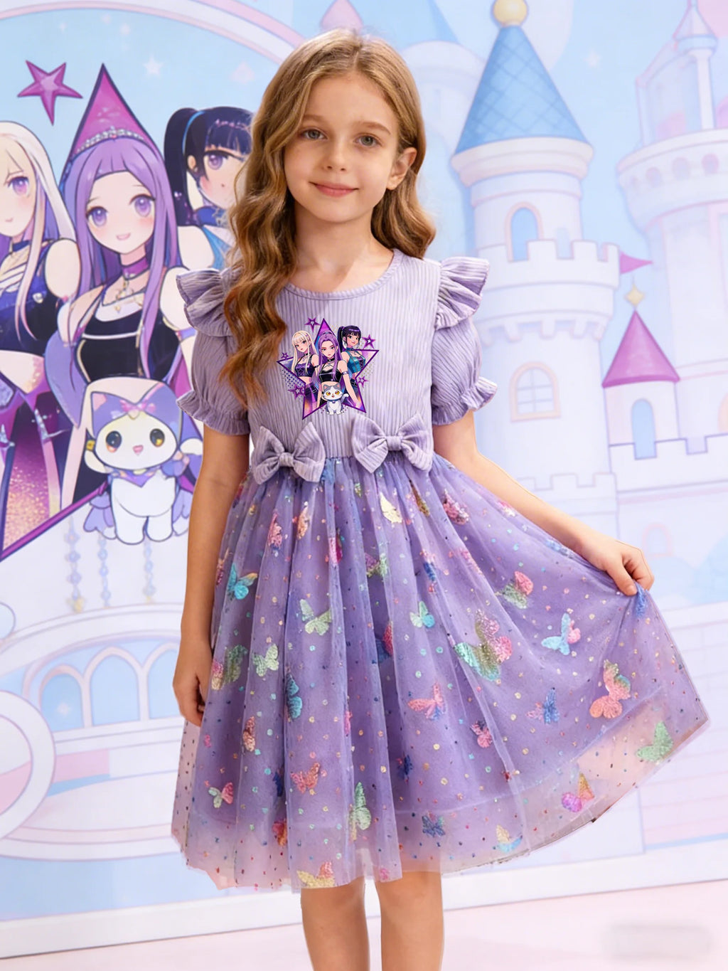 Dreamy Style Kids Princess Dress, Purple, K-POP Cartoon Prin