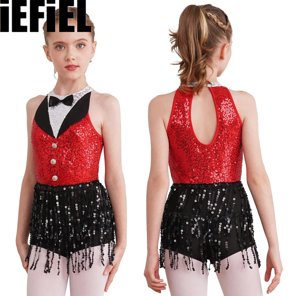 Kids Girls Sequins Tassel Dance Dress Sleeveless Back Keyhol