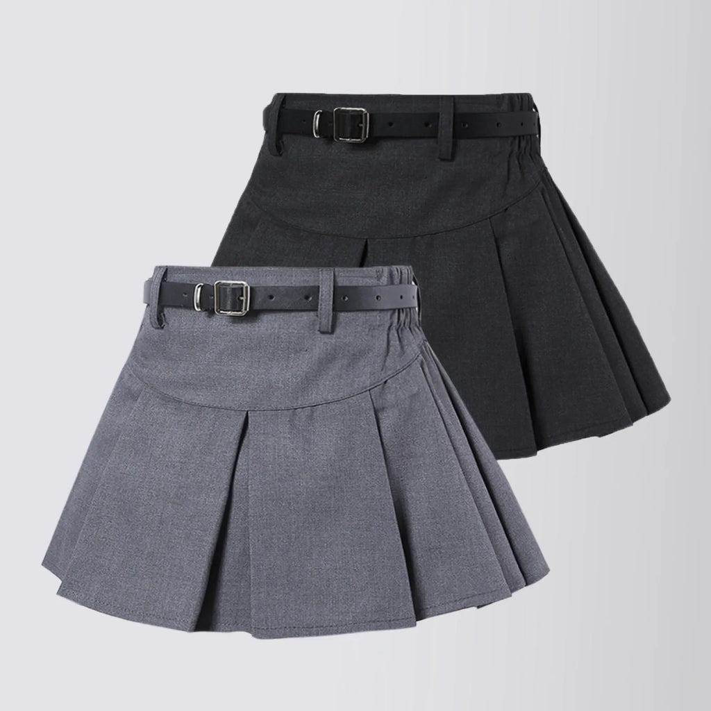 Girls' Pleated Skirt Grey Classic College Style Solid Mini S