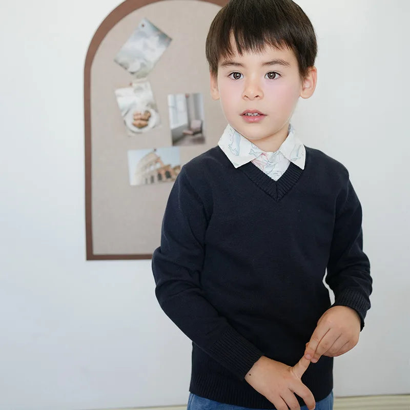 Children V-neck Solid Knit Sweater Boys Girls Warm Long Slee
