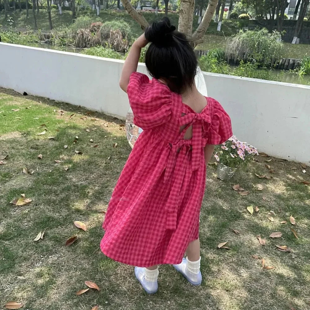 Rose Pink Plaid Bow Party Dress