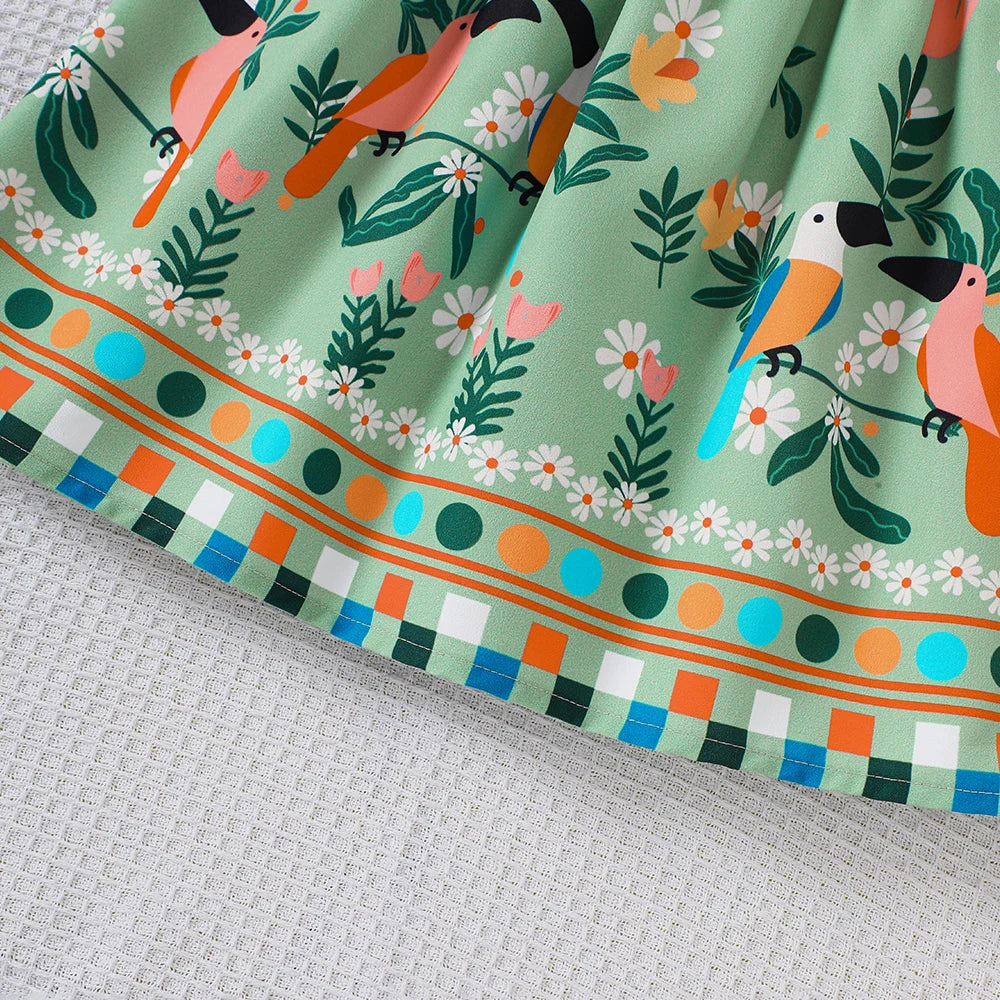 Girls' Summer Plant Print Dress with Flutter Sleeves