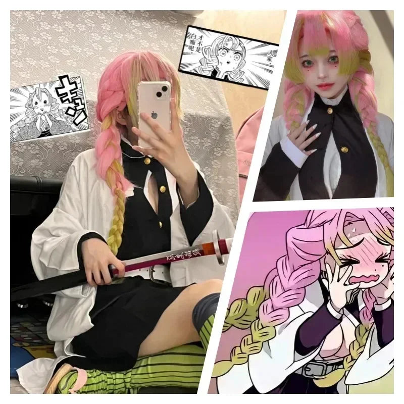 Anime Kanroji Mitsuri Cosplay Costume Kimono Haori Dress Wig