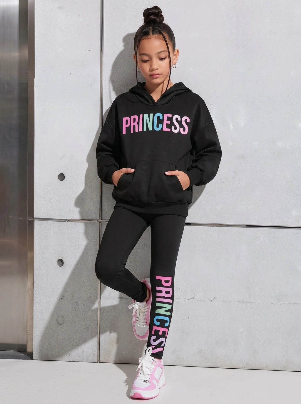 Girls Letter Print Long Sleeve Hoodie with Skinny Pants Set