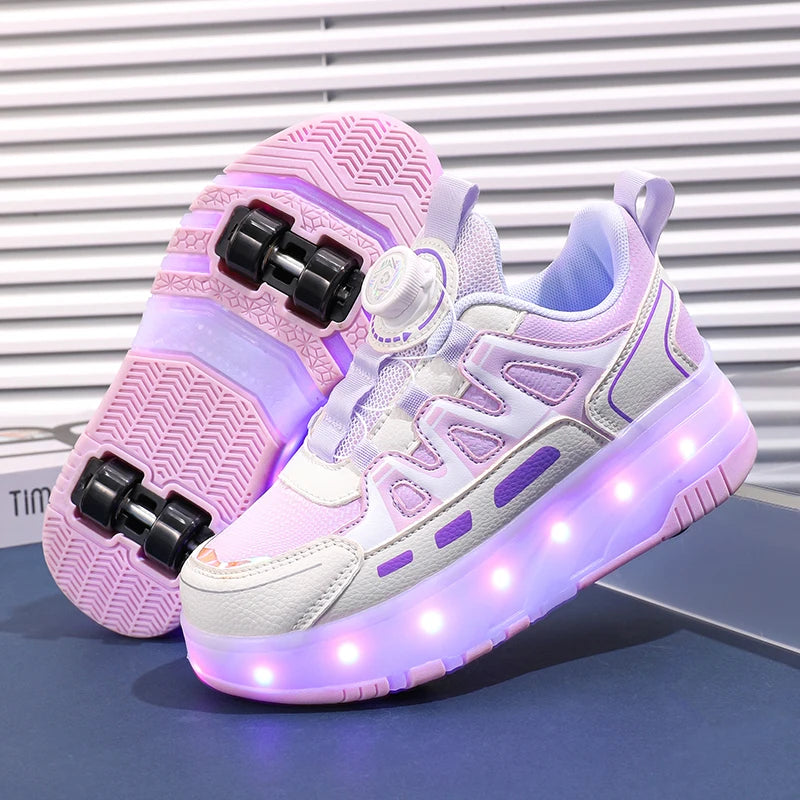 Children Four Wheels Luminous Glowing Sneakers Black Pink Le